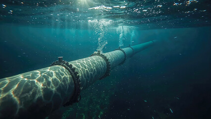 Underwater pipeline transporting gas in the deep blue sea, with light reflections and air bubbles rising to the surface, highlighting the infrastructure and potential environmental impact