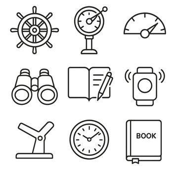 Bridge Tools Icon. Outline style icon of Bridge Watchkeeping Tools: helm wheel, engine telegraph, rudder angle, lookout binoculars