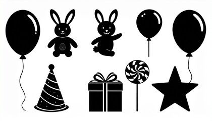 Naklejka premium Vector set of 6 playful black silhouettes: balloon, bunny, lollipop, toy block, party hat, and confetti – perfect for kids’ party themes or playful design accents. 