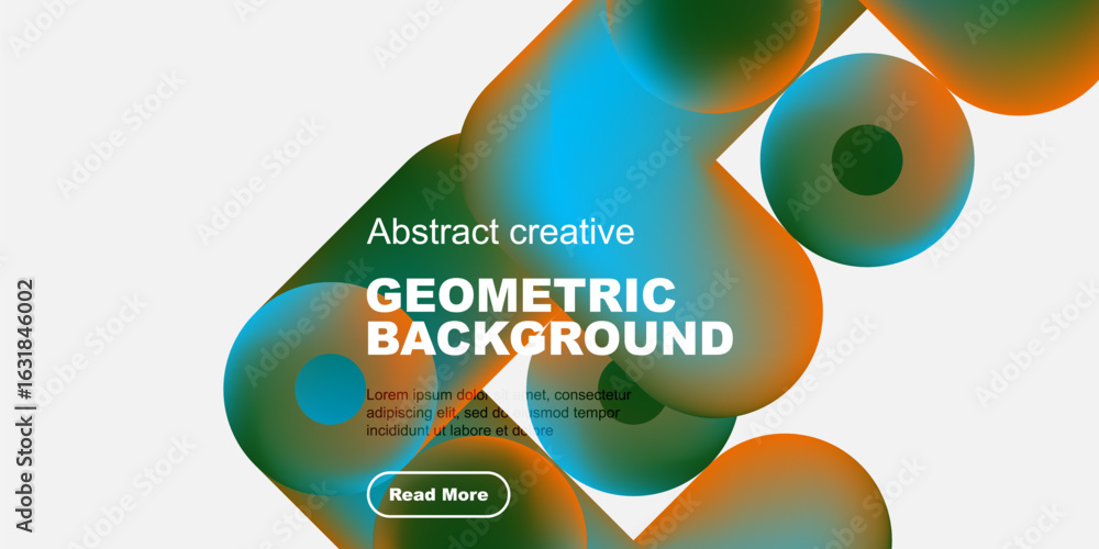 Poster abstract geometric background features vibrant overlapping shapes, text, button. modern design with 