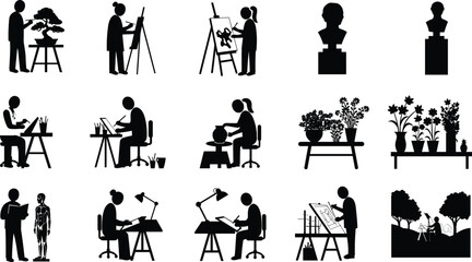 Silhouette vector icons of artists drawing, sculpting, pottery, bonsai care, flower arranging, anatomy study, architectural sketching, outdoor painting