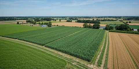 Aerial view of farmland with green fields and crops under a blue sky on a sunny day in the countryside