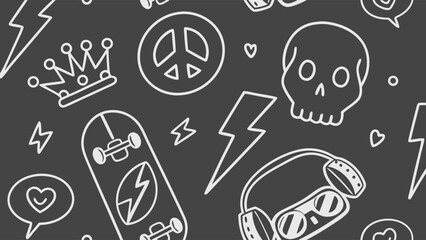 Whimsical Doodle Pattern Featuring Skateboard Skull and Hearts.