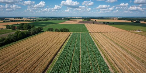 Aerial view of agricultural fields with different crops under a cloudy blue sky in the countryside