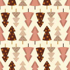 Boho Christmas tree seamless pattern. Festive New Year vector background
