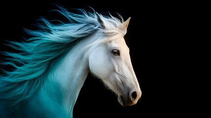 Naklejka premium Majestic white horse with flowing mane stands against a dark background, showcasing elegance and beauty in a captivating portrait of equine grace. Selective focus