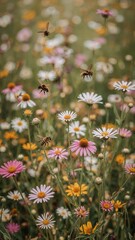 Bees flying over a field of colorful daisies and echinacea flowers in a natural outdoor setting
