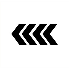 Four black chevron arrows pointing left. Rewind or back icon for media player, UI navigation, direction indicator, and interface control in digital applications.