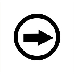 Right-pointing black arrow inside a bold circle on white background. Directional vector icon for navigation, UI interface, control button, and web design.