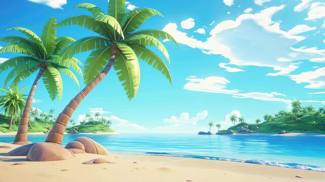 Vibrant, animated tropical beach scene with palm trees and clear skies. Wide-angle view captures serene island vibes, perfect for a relaxing video backdrop. Live desktop wallpaper.