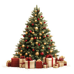 A Christmas tree decorated with golden and red ornaments, surrounded by presents, isolated on a transparent background cutout PNG