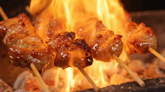 Yakitori skewers grilling over hot flames