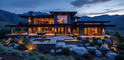 Modern luxury mountain home with pool and evening lights