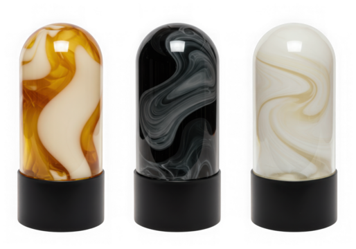 Three marbled resin cylinders with black bases isolated on transparent background
