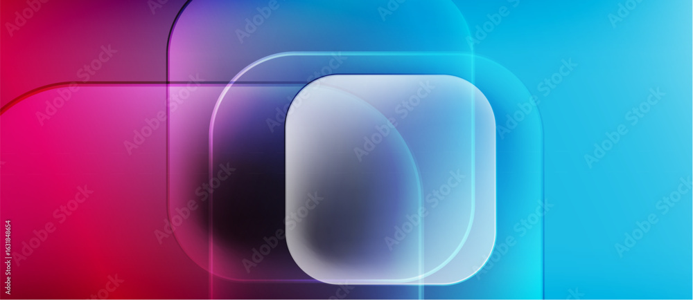 Poster abstract composition. overlapping squares create luminous center. gradient colorspink, purple, bluef