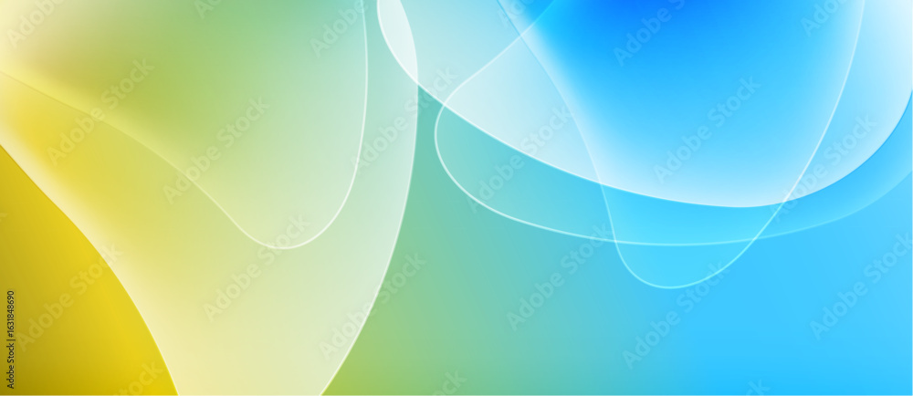 Poster Abstract background features flowing shapes, vibrant colors. Yellow, green, blue hues blend seamlessly creating dynamic visual effect. Smooth gradients dominate composition.
