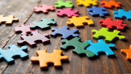 Obraz premium A colorful assortment of jigsaw puzzle pieces scattered on a wooden surface, some connected, others separate, suggesting the challenge and satisfaction of completing a puzzle , abstract, wood