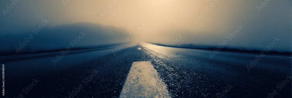 Poster foggy road stretches into the distance during dawn, creating a mysterious and tranquil atmosphere wi