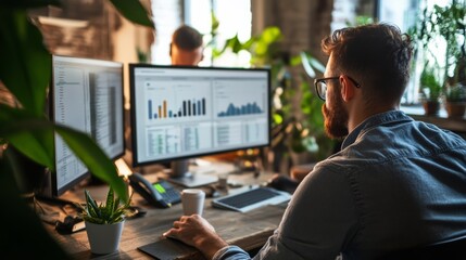 data analysts working in collaborative tech office, big screens showing data dashboards and insights