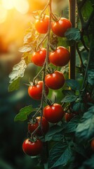 Vine of ripe, red cherry tomatoes with green leaves bathed in soft, golden sunlight