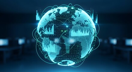 Digital globe with data graphs and network connections in a dark room view