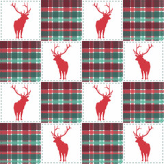 Christmas Deer Patchwork Buffalo Plaid Seamless Pattern
