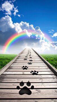 Wooden path leading to a rainbow in a bright sky, with paw prints along the way