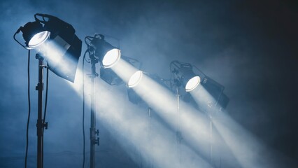 Four professional stage spotlights shine through theatrical smoke in a dark setting, creating dramatic beams of light, evoking mood, depth, and atmosphere in live performance or cinematic production.