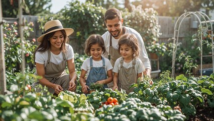 A family of four working together in their garden with tomatoes and leafy green vegetables growing