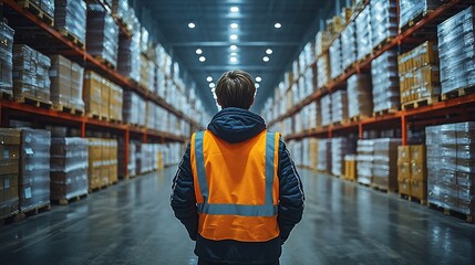 A worker in a reflective vest stands in a warehouse aisle, observing neatly stacked boxes on shelves