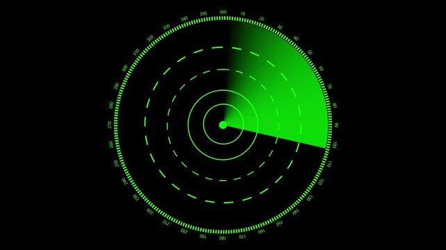 Rader HD technology signal waves animation on black background. Signal transmitted sonar radar .Radar point to detect enemy position 4k icon.
