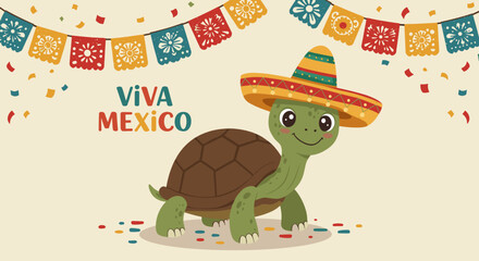 Fototapeta premium Charming turtle in a sombrero celebrating Mexican heritage for fun greeting cards and festive prints