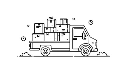 Outline illustration of a delivery truck carrying multiple boxes and packages with clocks indicating time passing