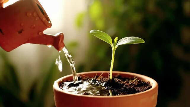 Nurturing growth: Hand gently waters a vibrant green seedling in a terracotta pot with soft sunlight.