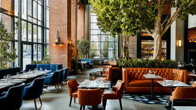 Interior of modern casual dining restaurant, loft style, brick walls