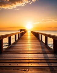 Obraz premium Wooden pier extending into a vibrant sunset over calm ocean water