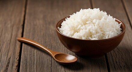 A bowl of fluffy white rice with a wooden spoon on rustic wooden background showcases a comforting