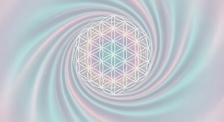 Flower of life design in a swirling pastel color background.