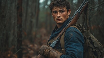 Obraz premium Young man treks through woods, rifle over shoulder, serious expression. Backpack and gloves visible. Forest