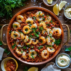 Gourmet calamari rings with chorizo crumbs and paprika in copper paella pan at premium restaurant