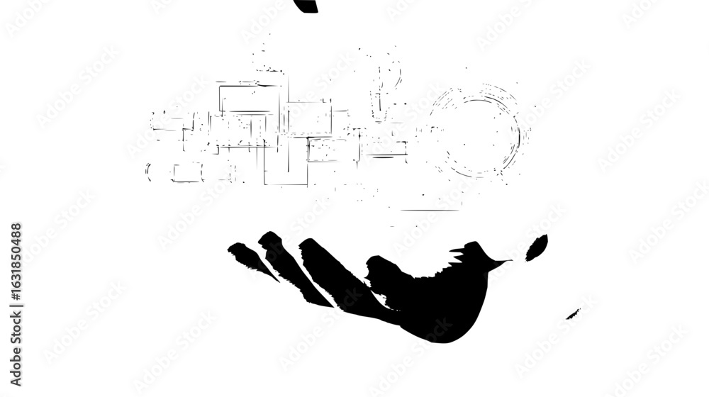 Poster abstract hand holding a complex geometric structure with a circular element in black and white art