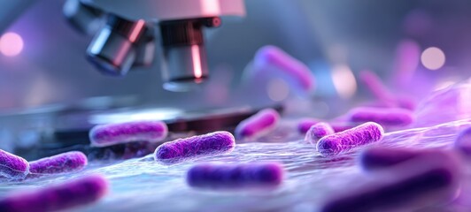 The detailed view of bacteria under a microscope in a laboratory setting.