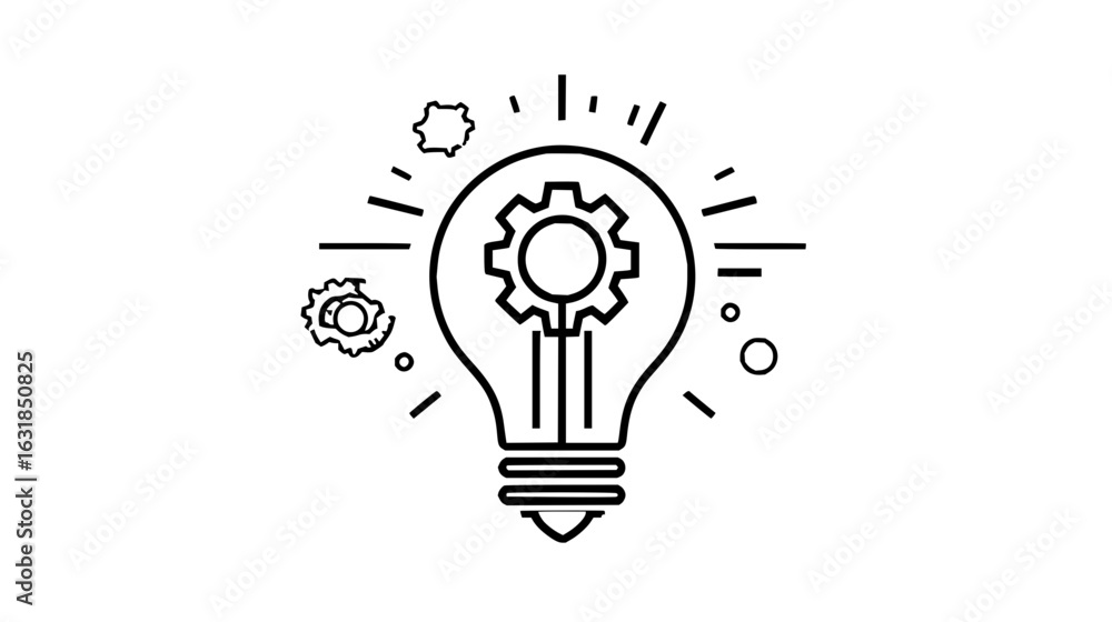 Aufkleber lightbulb with gear inside and smaller gears around with rays coming out on a white background
