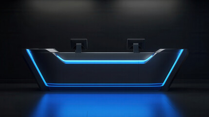 Tech company reception counter mockup future technology office lighting space workplace interior registration copy space desk design indoor decoration front view green plant decor