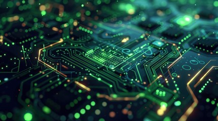 Obraz premium Futuristic glowing circuit board with intricate pathways and vibrant green highlights