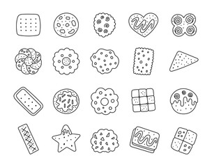 Cookie snack set in outline line art featuring various pastry shapes perfect for kitchen baking dessert food and breakfast for your illustration and creative design projects