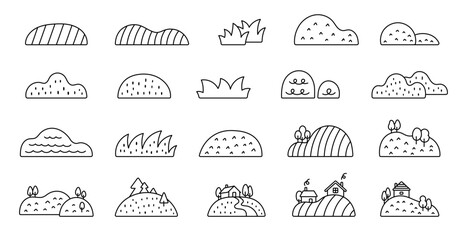 Landscape set in outline line art with hill, field, bushy, grass, forest trees, countryside houses, paths and rural natural decor and for your creative designs projects