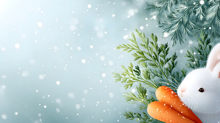 Cute white rabbit holding fresh carrots surrounded by green foliage and falling snowflakes, creating a whimsical winter scene with a festive atmosphere. Selective focus