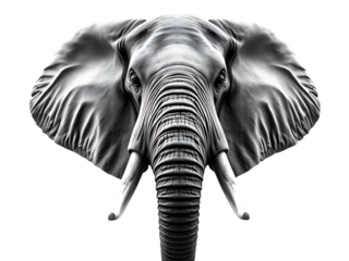 close-up headshot of a single African elephant, large tusks extending downward, wrinkled skin detailed in black and white style, calm eyes, facing forward on a clean white background