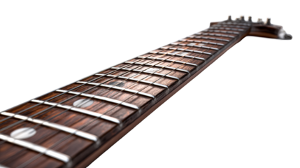 Close view of an electric guitar neck on a transparent background
